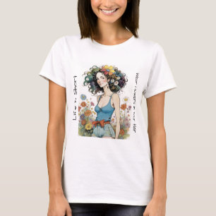 Meisje met wilde bloemen in haar haar t-shirt