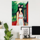 Meisje met witte jurk en kattenoren | AI Art. Poster (Thuiskantoor)