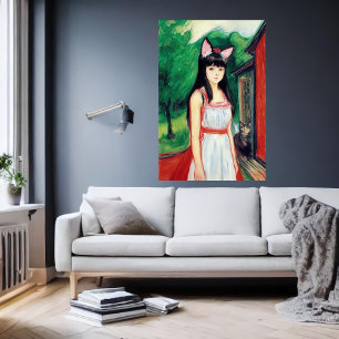 Meisje met witte jurk en kattenoren   AI Art. Poster