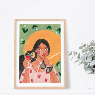 Meisje met zomermuts en zonnebril bloemenbehang  poster