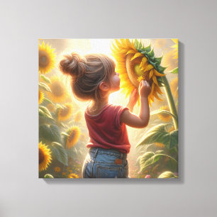 Meisje Met Zonnebloem Canvas Afdruk
