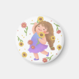 Meisje met Zonnebloemen Illustratie Magneet