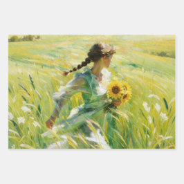 Meisje met zonnebloemen in zomerveld inpakpapier vel