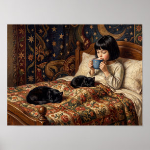Meisje met zwarte katten in bed schilderij poster