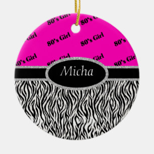 Meisje Neon Pink & Zebra Monogram 80 Keramisch Ornament