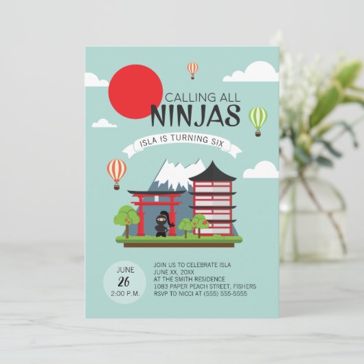 Meisje Ninja Verjaardag Uitnodiging - Japans (Staand voorkant)