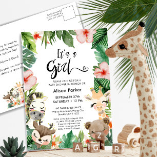 Meisje Oerwoud Safari Tropisch groen Baby shower Uitnodiging Briefkaart