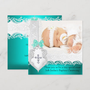 Meisje of Jongen Doop Jade Turquoise Witte Kant Fo Kaart