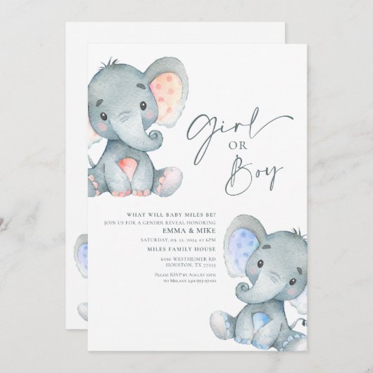 Meisje of Jongen Elephant Gender onthulling Uitnod Kaart (Voorkant / Achterkant)