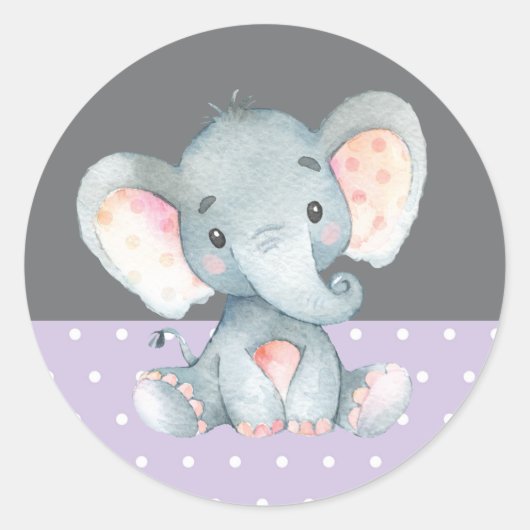 Meisje Olifant Baby Shower Paars en Grijs Ronde Sticker (Voorkant)
