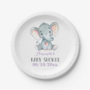 Meisje Olifant Baby shower Paarse Papier Bord