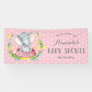 Meisje Olifant Baby shower Roze en Grijs Banner