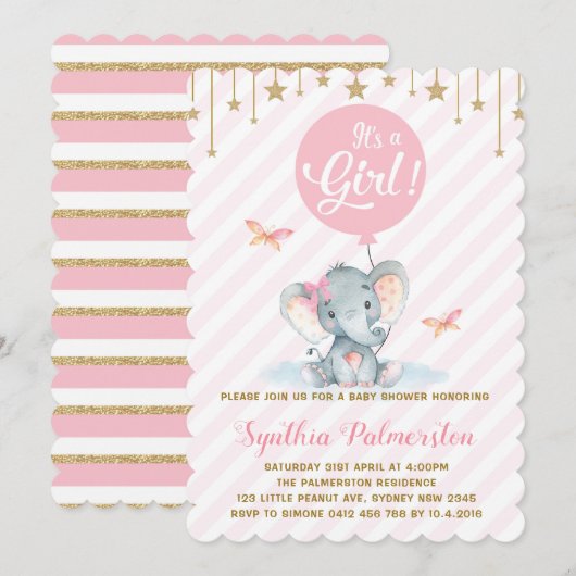 Meisje Olifant Baby shower Roze Gouden Ster Uitnod Kaart (Voorkant / Achterkant)