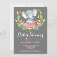Meisje Olifant Baby Shower Uitnodiging Roze en Gri