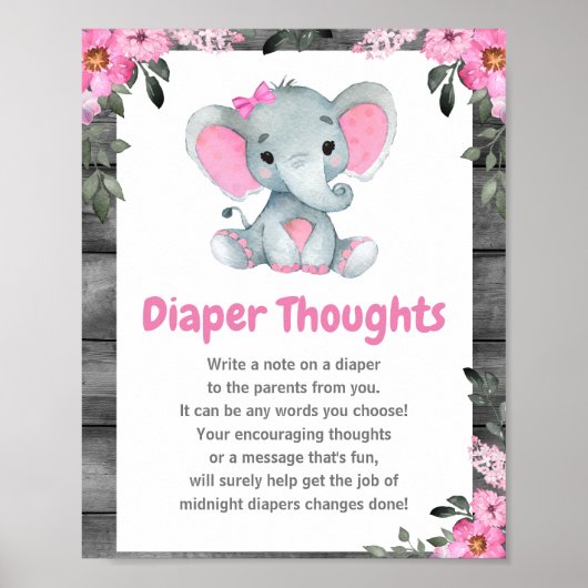 Meisje olifant luier gedachten Baby shower teken Poster (Voorkant)