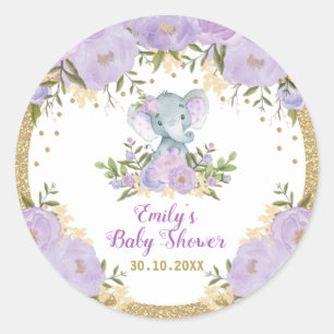 Meisje Olifant Paarse Gouden Bloem Baby shower Ronde Sticker