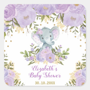 Meisje Olifant Paarse Gouden Bloem Baby shower Vierkante Sticker