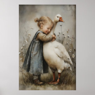 Meisje Omhelst Gans Liefde Print, Rustieke Cottage Poster