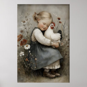 Meisje Omhelst Kip Print, Haan Landelijk Poster