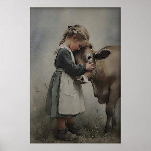 Meisje Omhelst Koe Antieke Print, Vintage Boerderi Poster