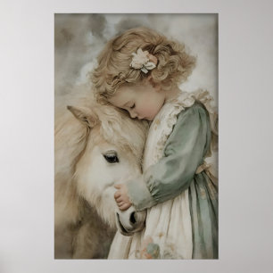 Meisje omhelst pony antieke print, rustieke cottag poster
