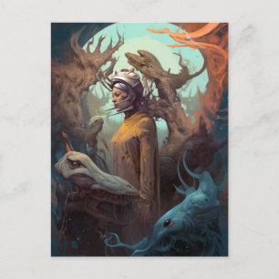 Meisje omringd door Alien Monsters Surreal Art Briefkaart