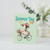 Meisje op de fiets met bloemen zomer briefkaart (Staand voorkant)