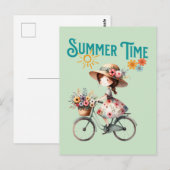 Meisje op de fiets met bloemen zomer briefkaart (Voorkant / Achterkant)