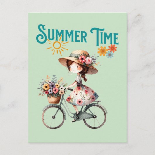 Meisje op de fiets met bloemen zomer briefkaart (Voorkant)
