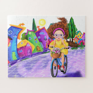 Meisje op een bike met tulpen, puzzelschilder legpuzzel