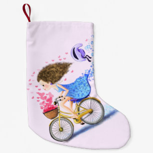 Meisje op een kerst met een bike die Romantische l Kleine Kerstsok