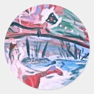 MEISJE OP EEN RODE KAMEEL RONDE STICKER