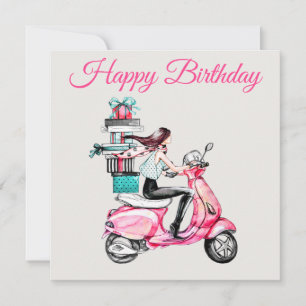 Meisje op een scooter met cadeaus kaart