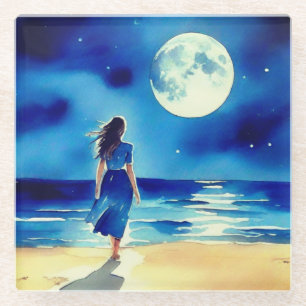 Meisje op het strand onder een volle maan glazen onderzetter