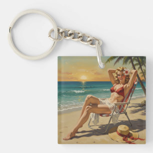Meisje op het strand Retro jaren '50 Pin-up kunst Sleutelhanger