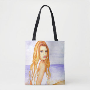 Meisje op het strand waterverf schilderij tote bag