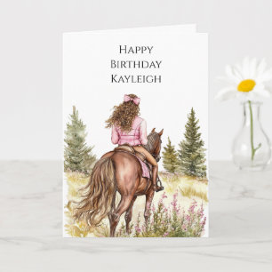Meisje Op Paard Bomen Bloemen Verjaardag Kaart