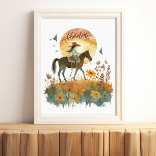 Meisje op paard Zonsondergang Gepersonaliseerde na Poster