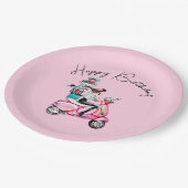 Meisje op Scooter Gelukkige verjaardag Papieren Bordje (Gekanteld)