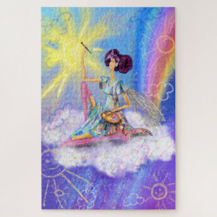 Meisje op wolkenverf zon en regenboog - Fantasy Legpuzzel