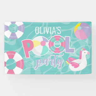 Meisje op zwembadfeestje Eenhoorn Roze en Paarse V Spandoek