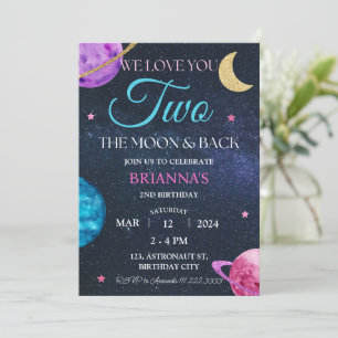 Meisje Outer Space 2e verjaardag twee de maan roze Kaart