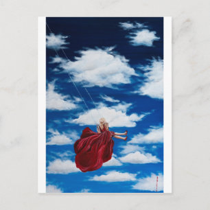 Meisje over het zwaaien in wolken briefkaart