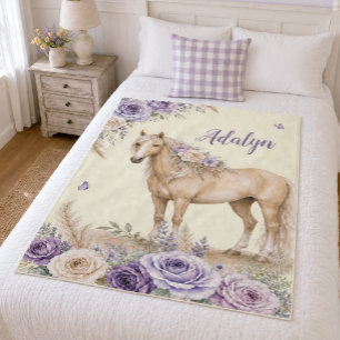 Meisje Paarse Gele Roos Paard Monogram Fleece Deken
