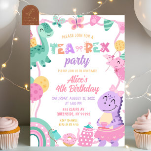 Meisje Pastel Dinosaurus Thee-Rex Verjaardagsuitno Kaart