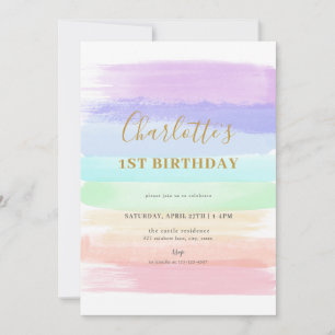 Meisje Pastel Rainbow Eerste Verjaardag Uitnodigin Kaart