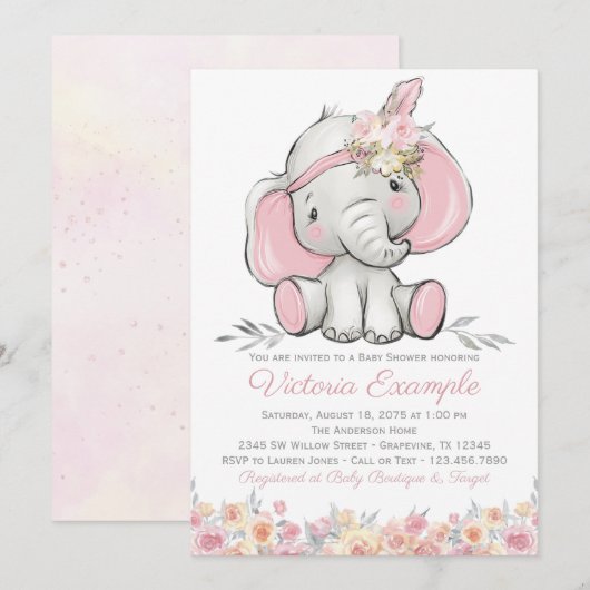 Meisje Pink Boho Olifant Baby shower Kaart (Voorkant / Achterkant)