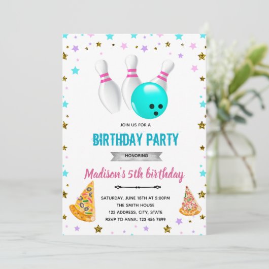 Meisje pizza en bowling verjaardagsuitnodiging kaart (Staand voorkant)