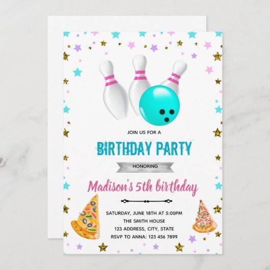 Meisje pizza en bowling verjaardagsuitnodiging kaart (Voorkant / Achterkant)