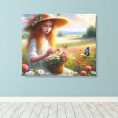 Meisje plukken bloemen gestrekte canvas Print (Insitu (Houten vloer))